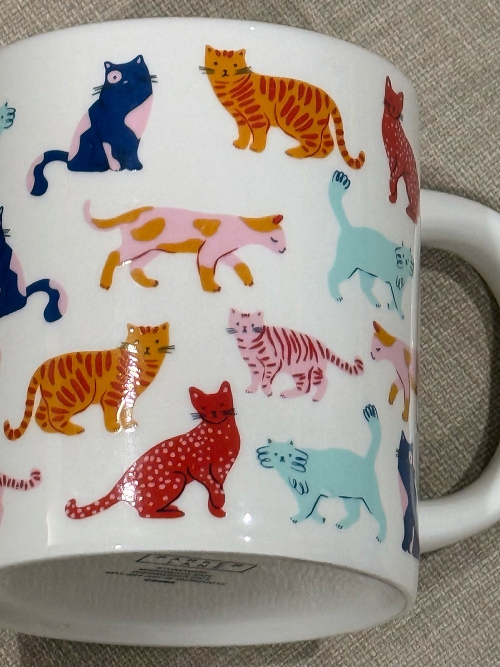 Parker Lane Ceramic Cat Mug - White with Red, Pink, Orange, Blue, Teal Cats